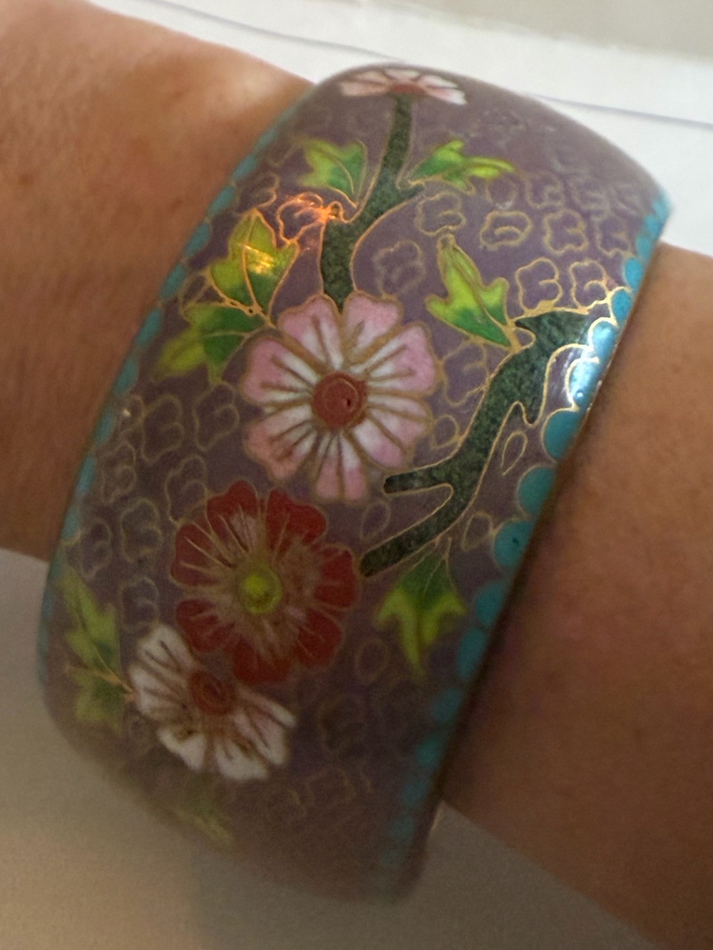 Vintage Lavender, Turquoise & Pink Cloisonné Floral Patterened Bracelet